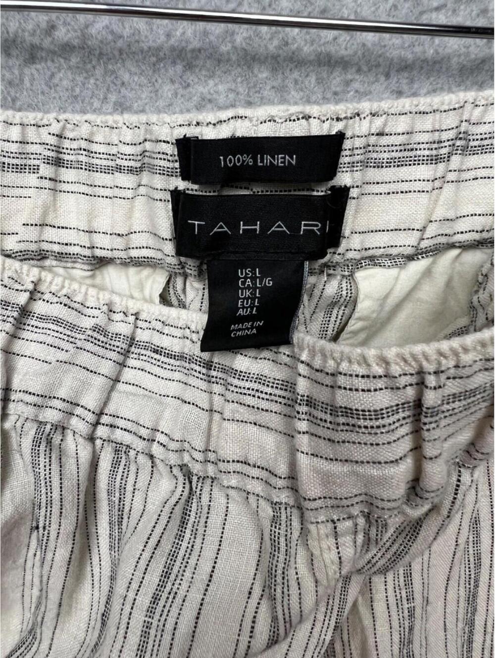 Tahari Linen Coastal Strip Pull On Pants Womens L Beach Minimalist Neutral - Picture 10 of 10